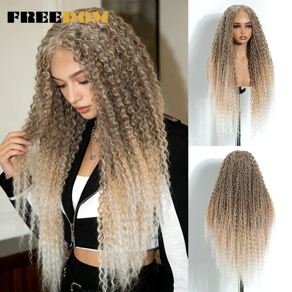 FREEDOM 6x4 Synthetische Lace-Front-Perücken für Damen, 32 Zoll, vorgefertigte, lange, lockige Lace-Perücke, vorgezupfte Haaransätze, Ombré-Braun-Blond, Perücken ohne Klebstoff. – Detail 7