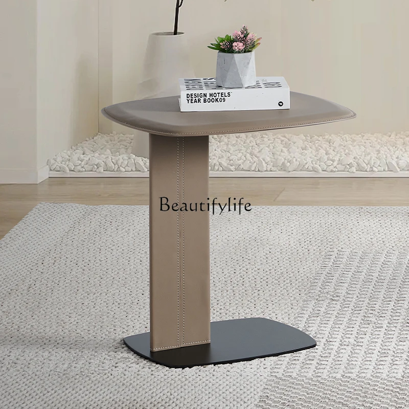 

New Italian minimalist stainless steel saddle leather sofa small side table creative light luxury modern corner table