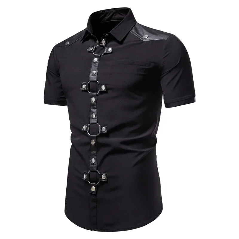 Fashion New Men\'s Punk shirts Gothic Rivet Short Sleeve Shirts Casual For Men Comfortable Summer Wear shirts