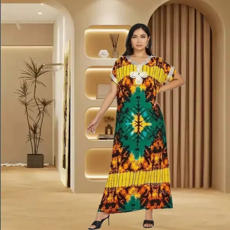 Moda personalizada grande cachecol étnico vestido de verão feminino solto médio oriente africano impressão casual robe com design bordado
