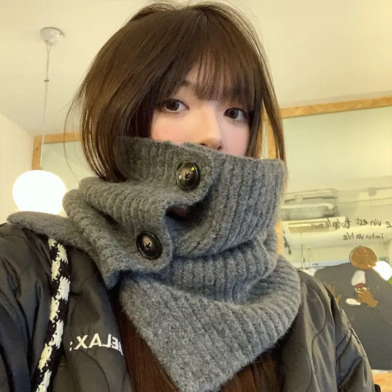 Knitted Fake Collar Scarf Women Warm Turtleneck Neck Warmer Detachable Winter Windproof Scarf Vintage Knitted Yarn Button Fork