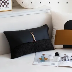 simple morden black pu leather cushion cover metal buckle waist pillowcase sofa pu lumbar pillow cover