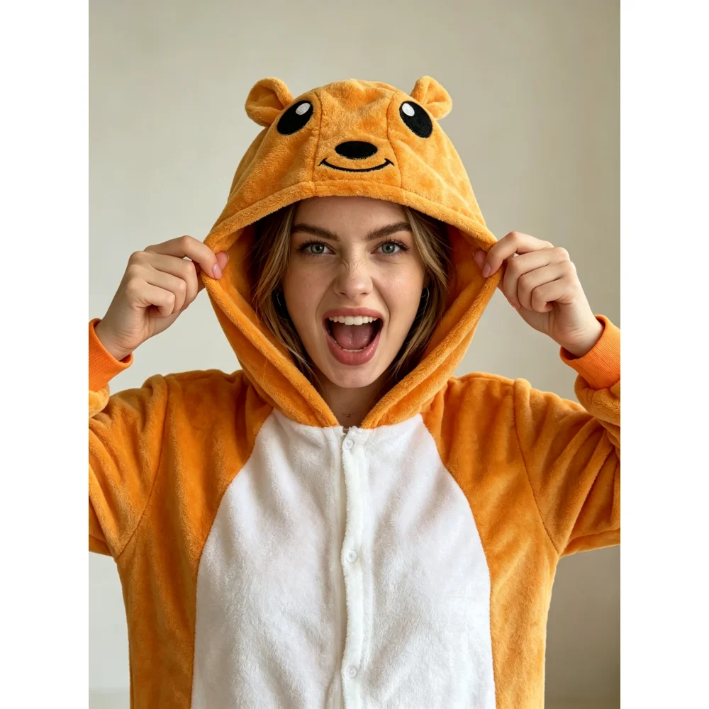 Flannel kangaroo animal jumpsuit, adult cartoon home suit, unisex autumn and winter warm nightgown