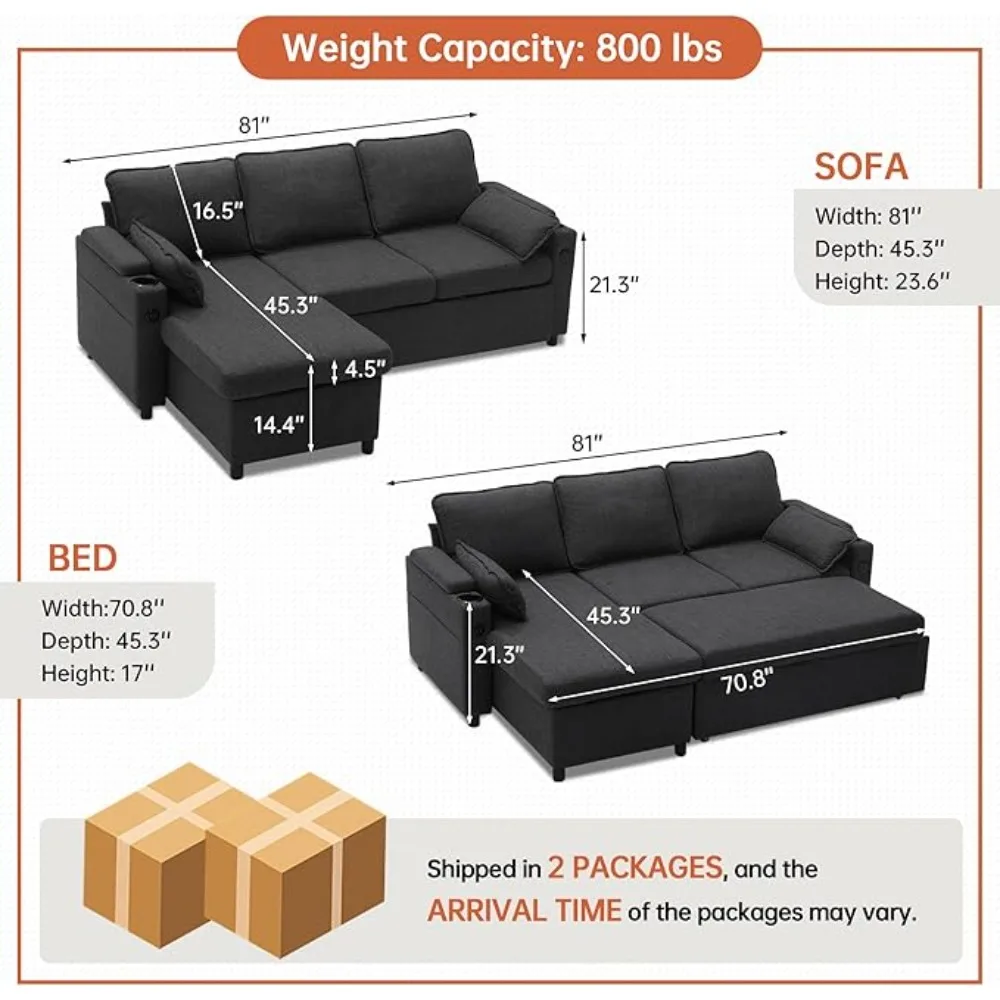 Sofa Bed, Sleeper Sofa Couch with Pullout Bed for Living Room, L Shaped Couch with Storage Chaise, USB, Cup Holder