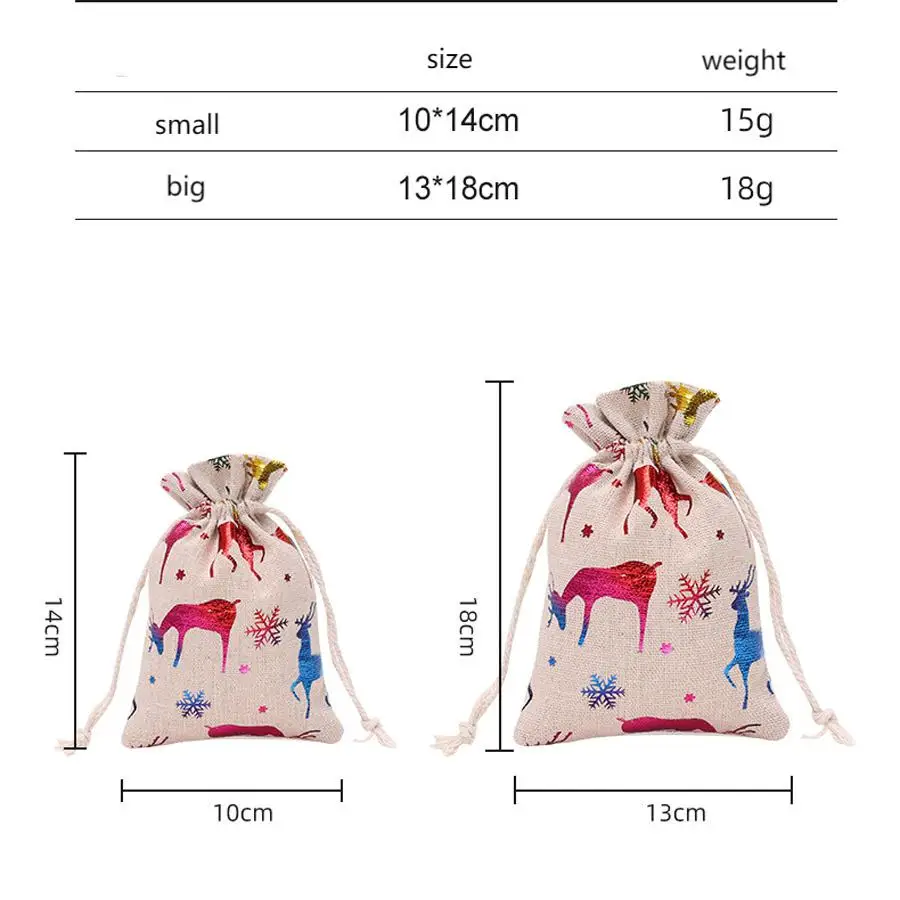 Christmas Drawstring Gift Bags Set Cartoon Reindeer Patterned Linen Drawstring Pouches for Christmas Tree