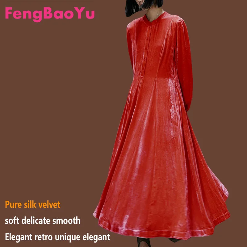 

Женское плиссированное платье Fengbaoyu, вельветовое платье цвета хаки с длинными рукавами и воротником-стойкой, юбка А-силуэта на весну и осень