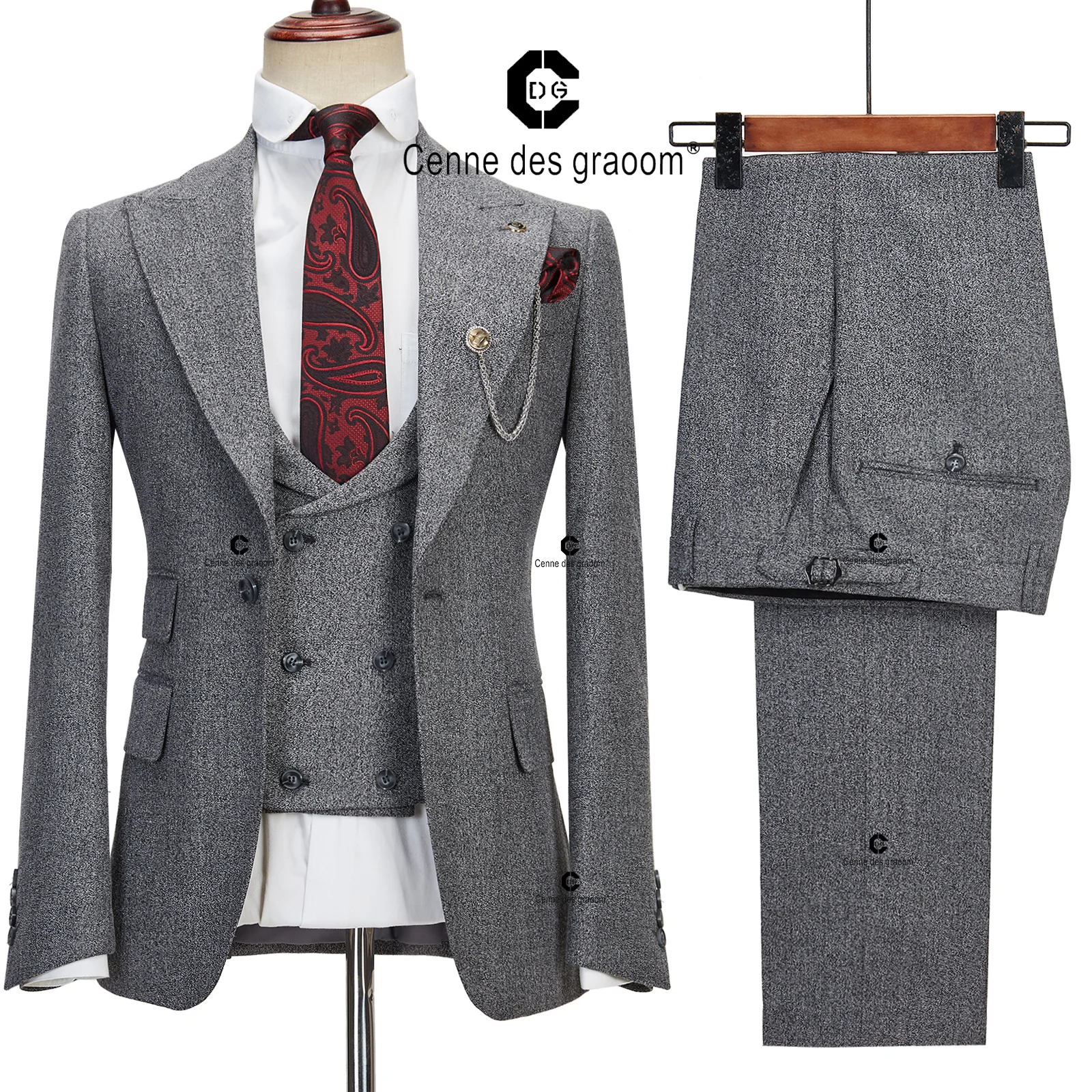 Cenne Des Graoom Elegant Grey Tweed Suits For Men Single Breasted 1 Buttons Jacket Vest Pants Slim Fit Wedding Business Meeting