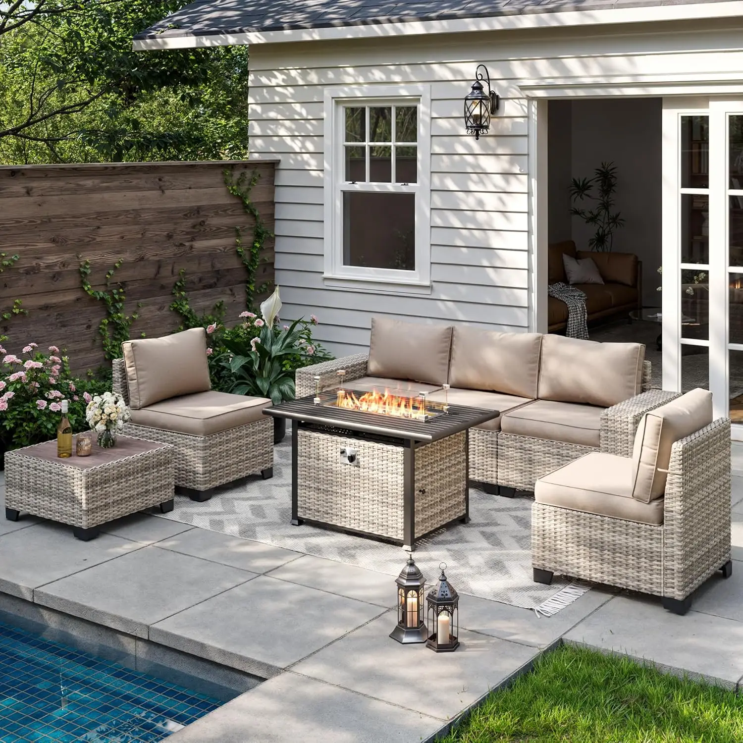 

7-Piece Outdoor Patio Furniture Set With Fire Pit Table, PE Wicker Rattan Sectional Sofa Patio, Customized