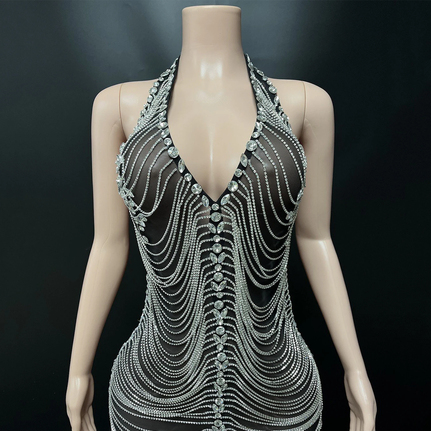 Evening Dress Sexy Rhinestone Chain Hanging Neck Party Dress Nightclub Bar Performance Costumes Women Gogo Dancers Dress DN21192