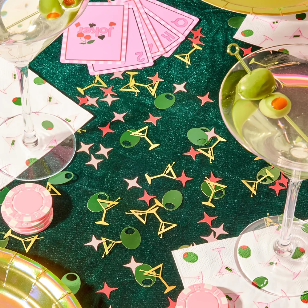 100 Stück Martini- und Oliven-Konfetti – goldgrüne Cocktail-Party-Dekorationen mit Martini-Gläsern, Oliven, Sternen – elegante Tischdekoration – Detail 2
