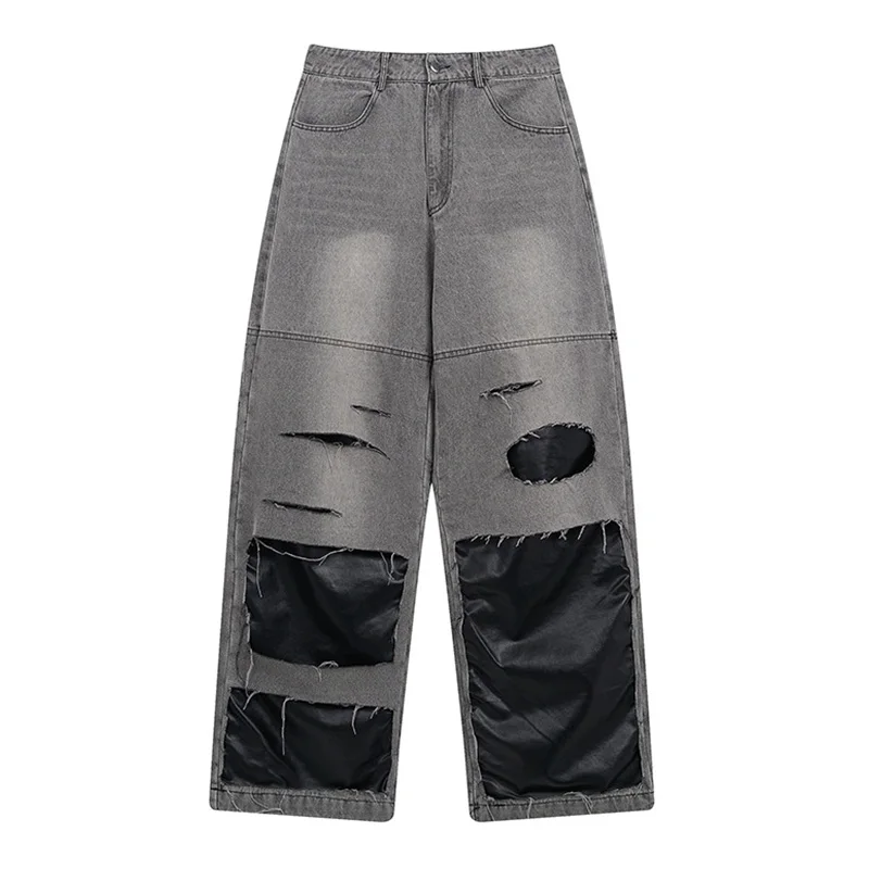 

Hi Street Pu Leather Patchwork Jeans Pants Men Harakuju Streetwear Ripped Denim Trousers Vintage