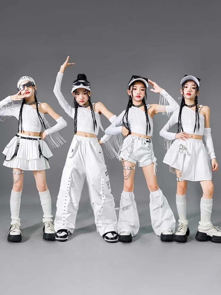 2024 White Series Jazz Dance Costume Girls Fashion Navel Tops Pants Kids Hip Hop Dance Clothes Stage Performance Wear BL13878