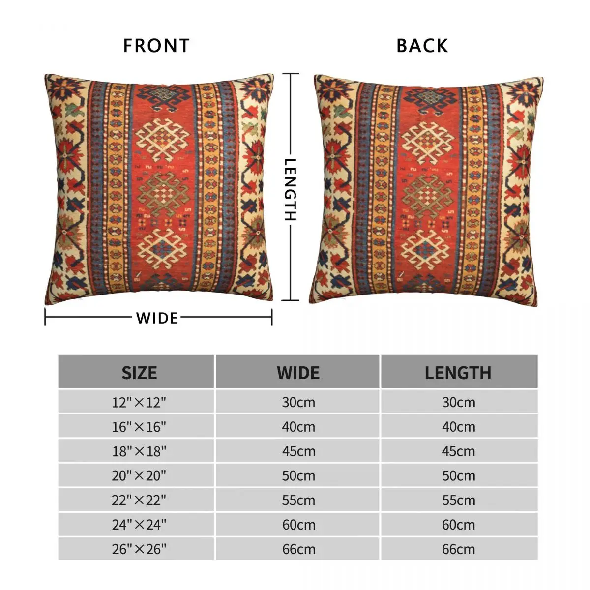 Kazak Red Gold Vintage Rug Print Square Pillowcase Polyester Linen Velvet Pattern Zip Decor Room Cushion Case