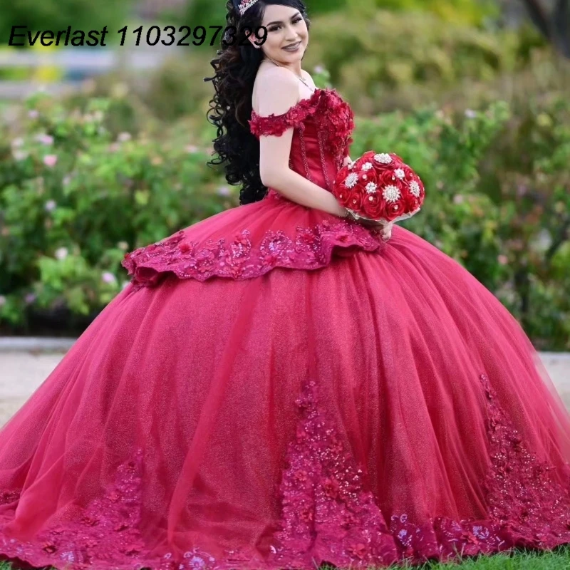 

EVLAST Mexican Red Quinceanera Dress Ball Gown Shiny Lace Applique Beading Glitter Corset Sweet 16 Vestido De 15 Anos TQD899