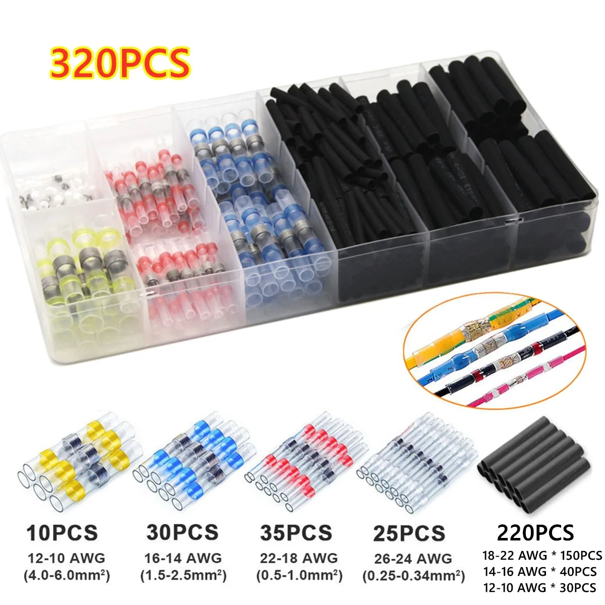 320Pcs Boxed Heat Shrinkable Intermediate Tube Terminal Waterproof Tin Solder Ring Tin Solder Ring Combination