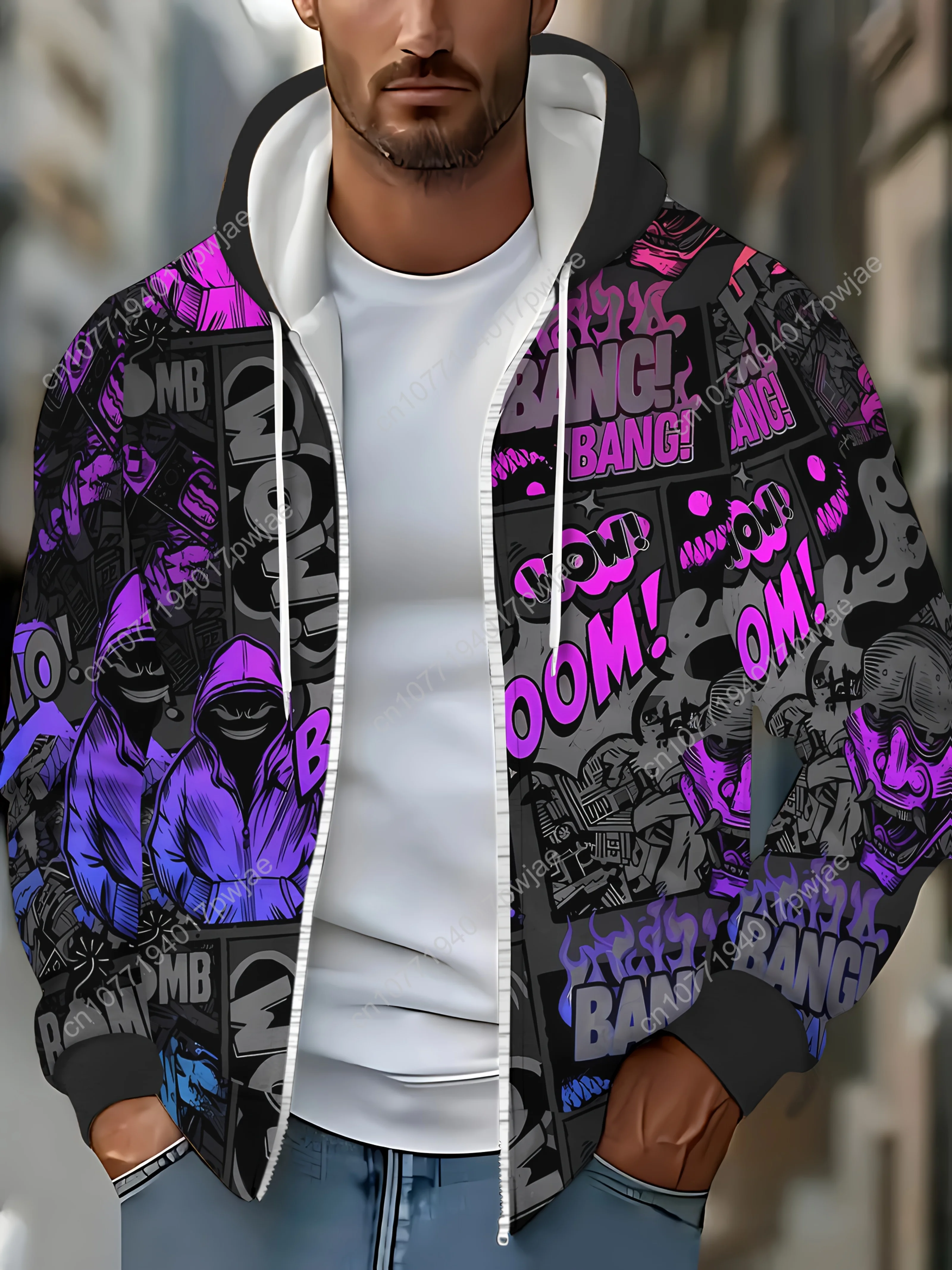 Felpa con cappuccio zip con stampa geometrica da uomo - Giacca streetwear a maniche lunghe con cappuccio e tasche con coulisse, viola vibrante e nero Art D