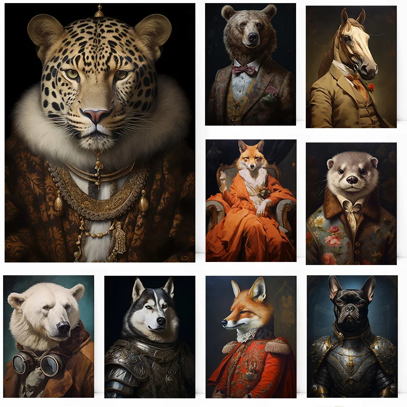 빅토리아 베어 불독 폭스 고릴라 표범 사자 너구리 초상화 포스터 인쇄 벽 아트 그림 캔버스 회화 룸 홈 장식