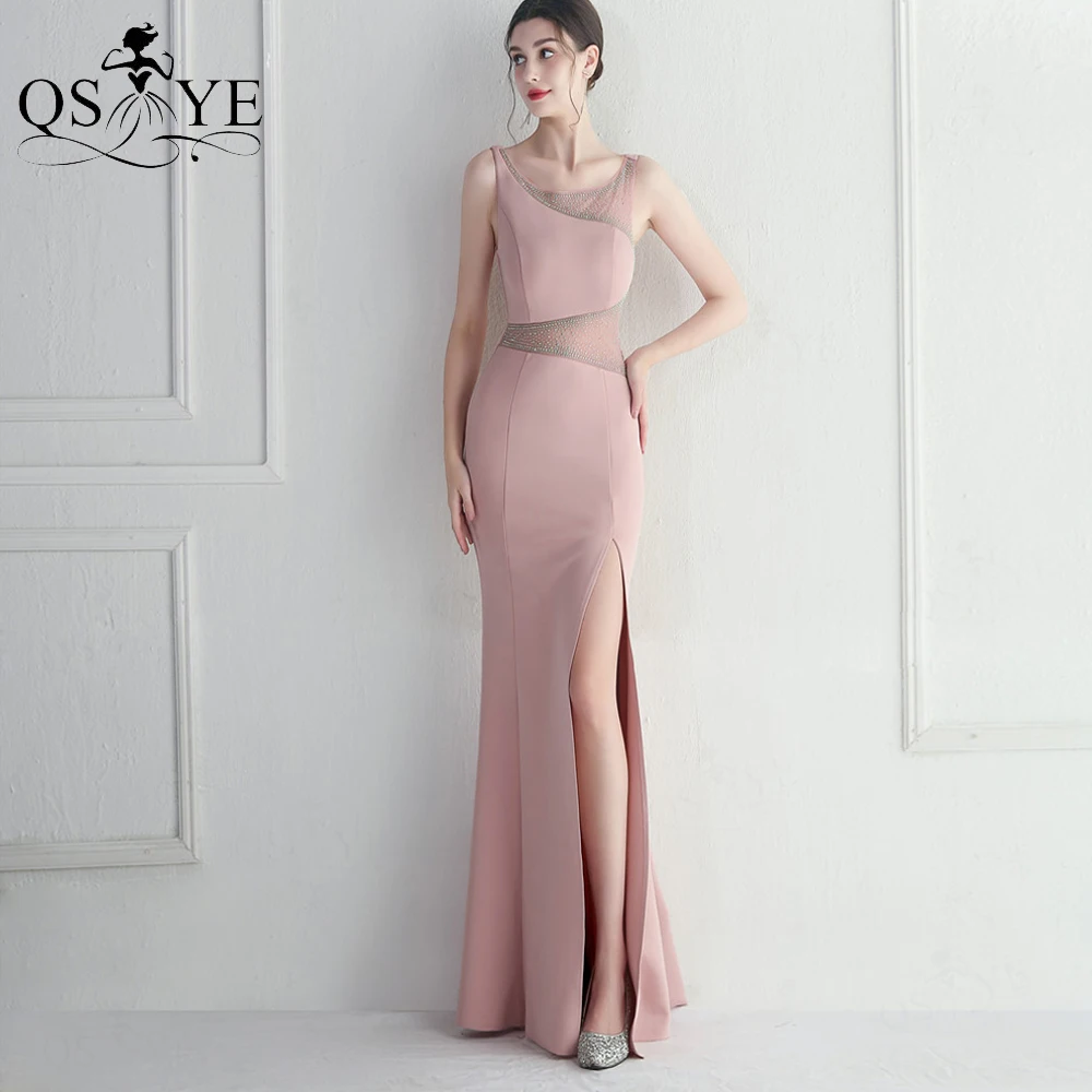 Pale Mauve Pink Evening Dresses Hot Drill Sequined Sheer Hollow out Waist Long Prom Gown Zipper up Front Split Formal Party Gown