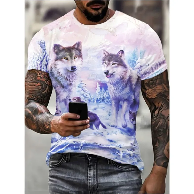 Painting Style Wolves In The Snow Pattern T-shirt With Short Sleeve Crew Neck Stylish And Chic Tops For Men's Summer Daily Wear