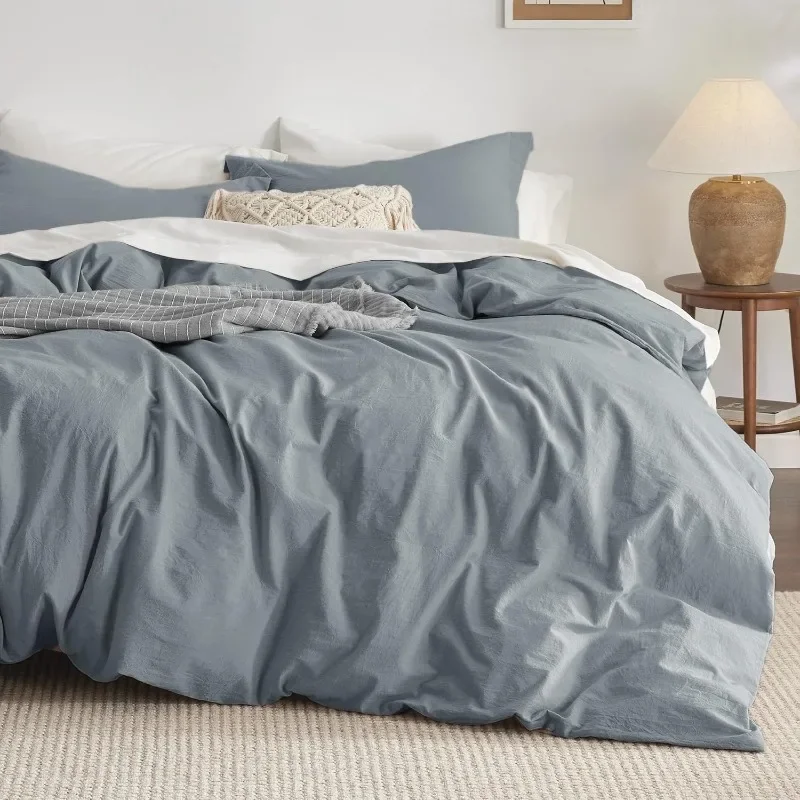 100% Washed Cotton Down Duvet Set - Grey Blue Minimal Cotton Down Duvet Set Linen - 3 Cotton Down Duvet Sets with 2 Pillowcases