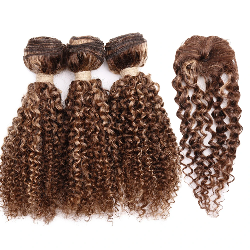 Ombre Kinky Curly Bundles With Closure Natural Human Hair Bundles Short Brazilian Hair Bundles With Circular Closure