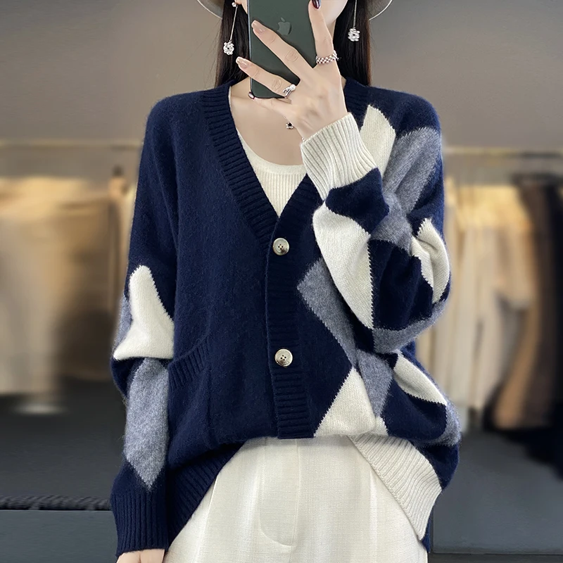 Knit Women Cardigans, 100% Merino Wool, V-neck, Long Sleeve, Female Sweaters, Warm and Soft, Contrast Color Tops, Winter, 2023