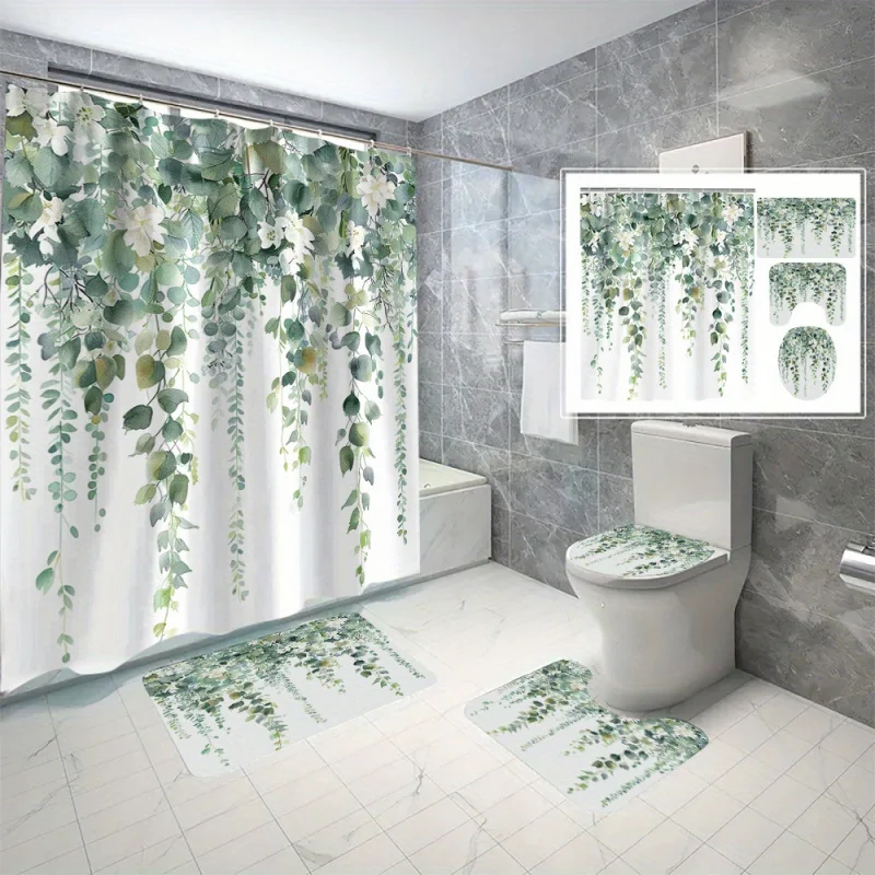 

4pcs Green Leaves Floral Pattern Shower Curtain Set, Shower Curtain With 12 Hooks, Non-Slip Bath Mat, U-Shaped Toilet Mat, Toile