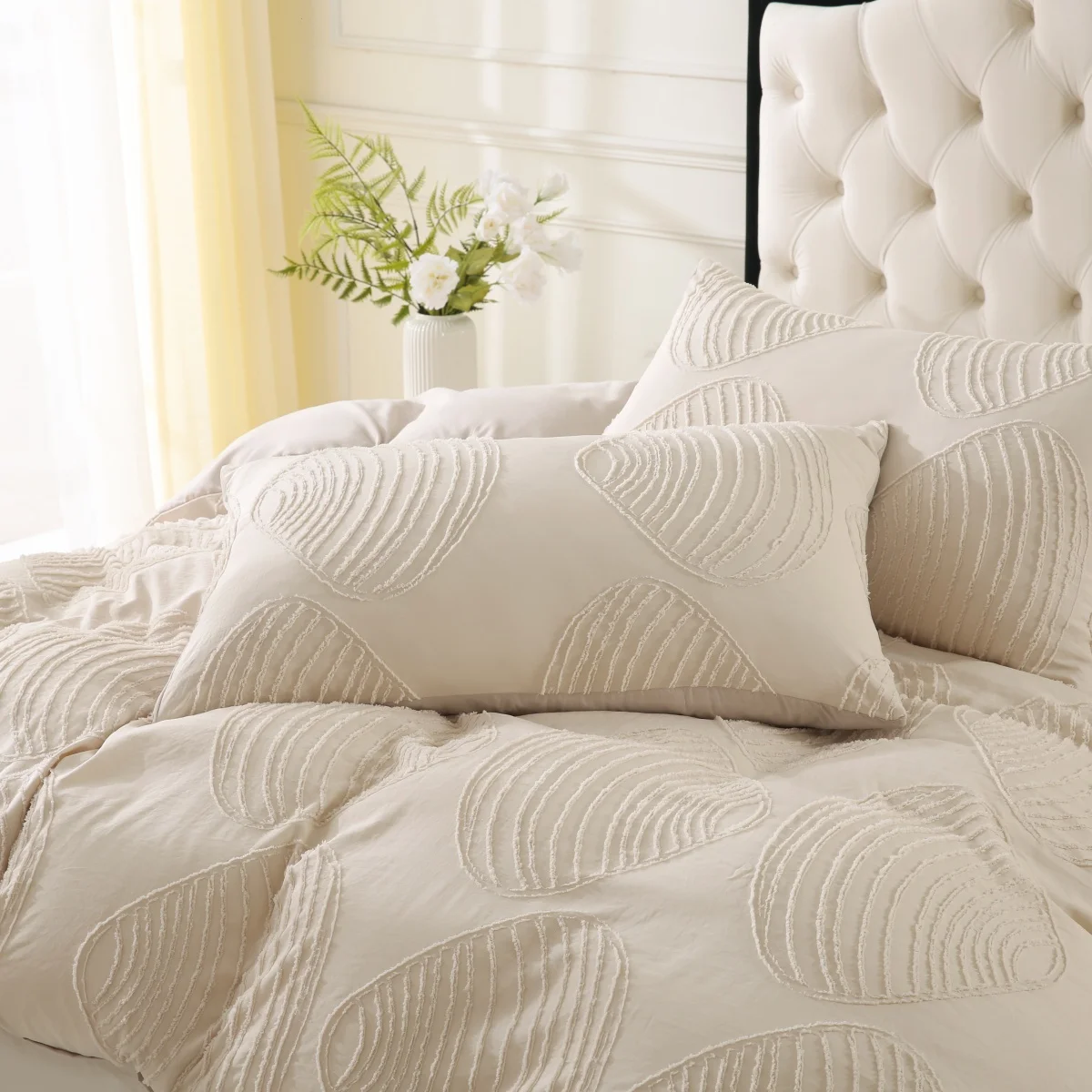 غطاء لحاف بيج توين كوين، 2/3 قطعة من قماش الجاكار الجمالي المزخرف، طقم سرير رث أنيق على طراز المزرعة