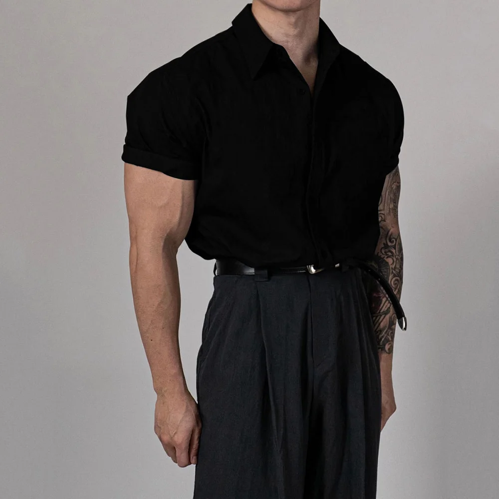 Mens Shirt Casual Slim Fit Top Breathable Thin Gym Fitness Solid Color Versatile Simple Shirt Men'S Clothing 2024 Summer New