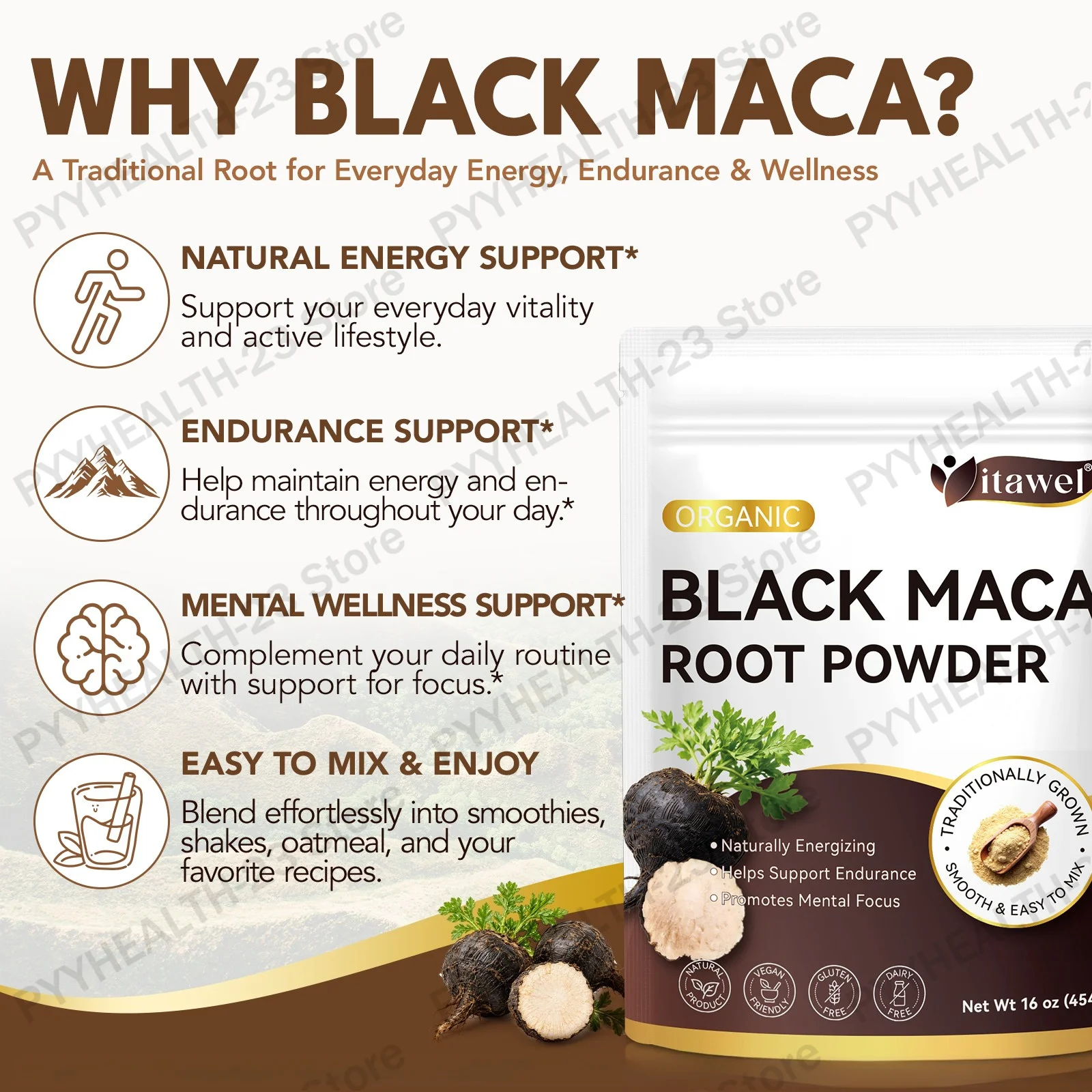 Itawel Energy Support Powder Endurance Support Focus & Mental Clarity Support with Black Maca Root Extract Formula 454g Naturals