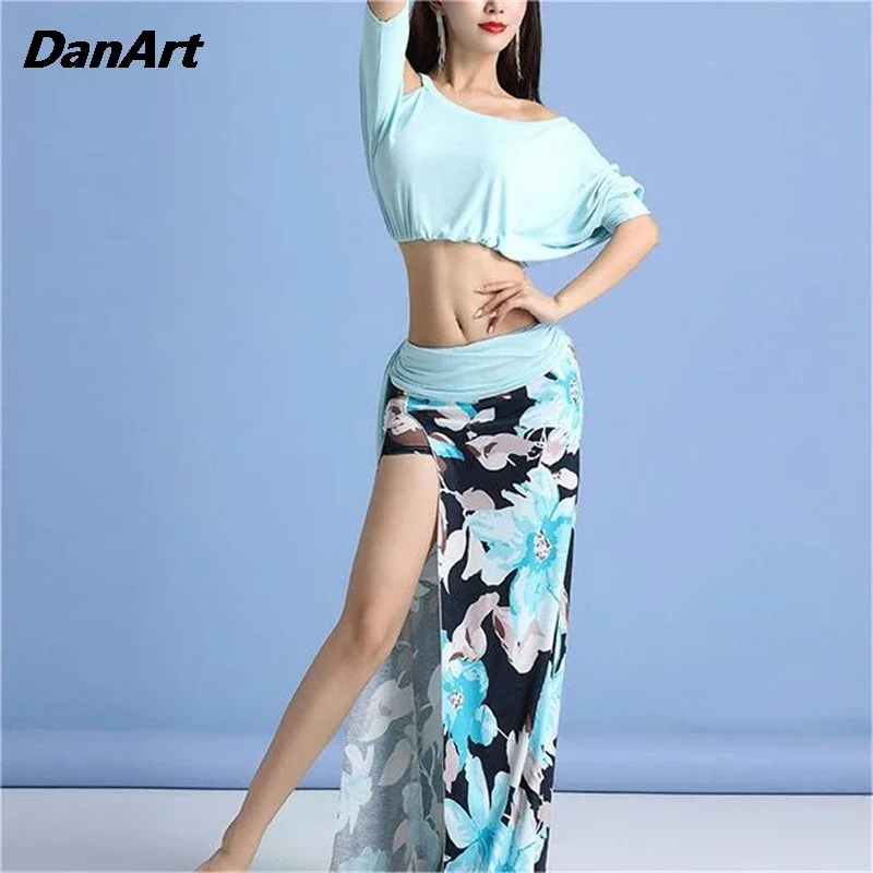 Neues Damen-Bauchtanzkostüm für Herbst und Winter, sexy bedrucktes geteiltes Übungskostüm mit Sicherheitshosenfunktion