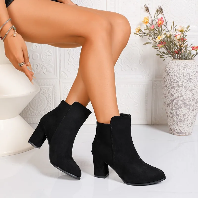 Large High-heeled Short Tube Suede Horse Boots for Women, Autumn and Winter New Style, Pointed Toe Thick Heel Side Zipper Boots