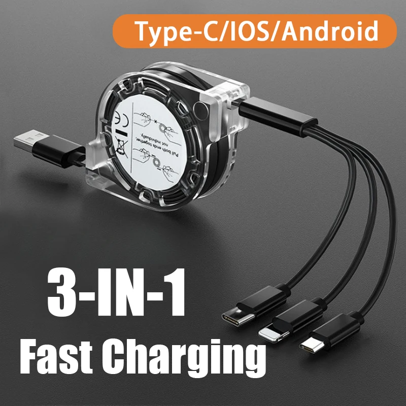 3 In 1 retractable Data Fast Charging Cable For iPhone 15 14 13 12 Micro USB Type C Cable For Samsung Huawei Xiaomi Data Cable