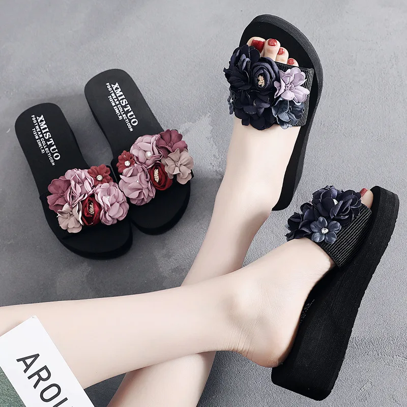 5cmHigh Heel Women's Summer Outside Wear Slope with A Word Drag High-heeled Sweet Beach Slippers Female Beach Sandals FlipFlops