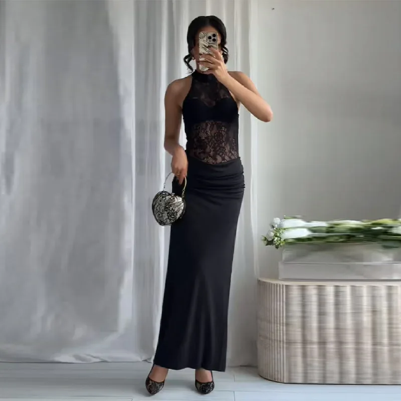 

Lace Patchwork Halter Dress for Women Sleeveless Semi-transparent Long Skirts 2025 New Elegant Slimming Party Robes Lady Dresses