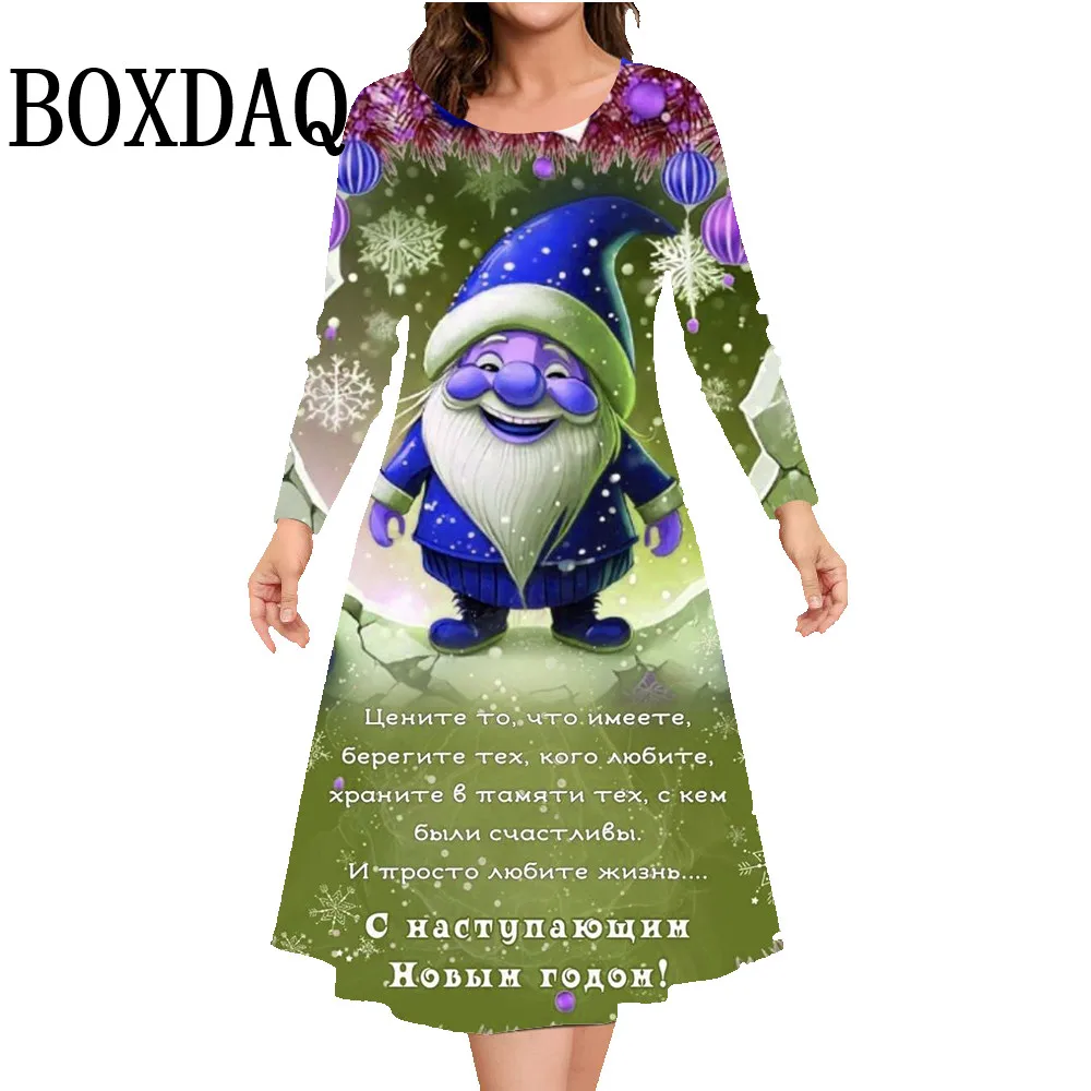 Niedlichen Weihnachts druck Frauen Kleid Herbst Winter Langarm Cartoon Santa Claus lässig Damen A-Linie Kleid plus Größe Kleidung 9xl