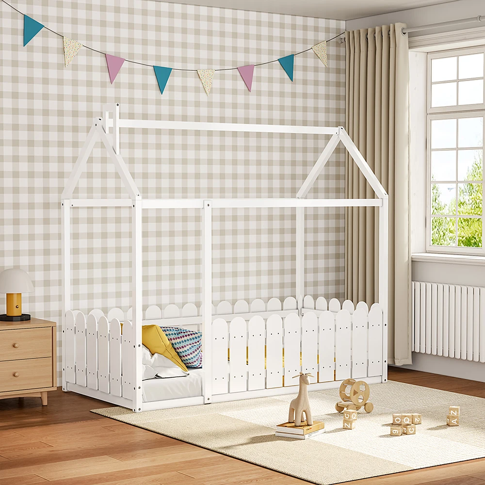 

Customizable Wooden House Toddler Bed with Fence and Roof