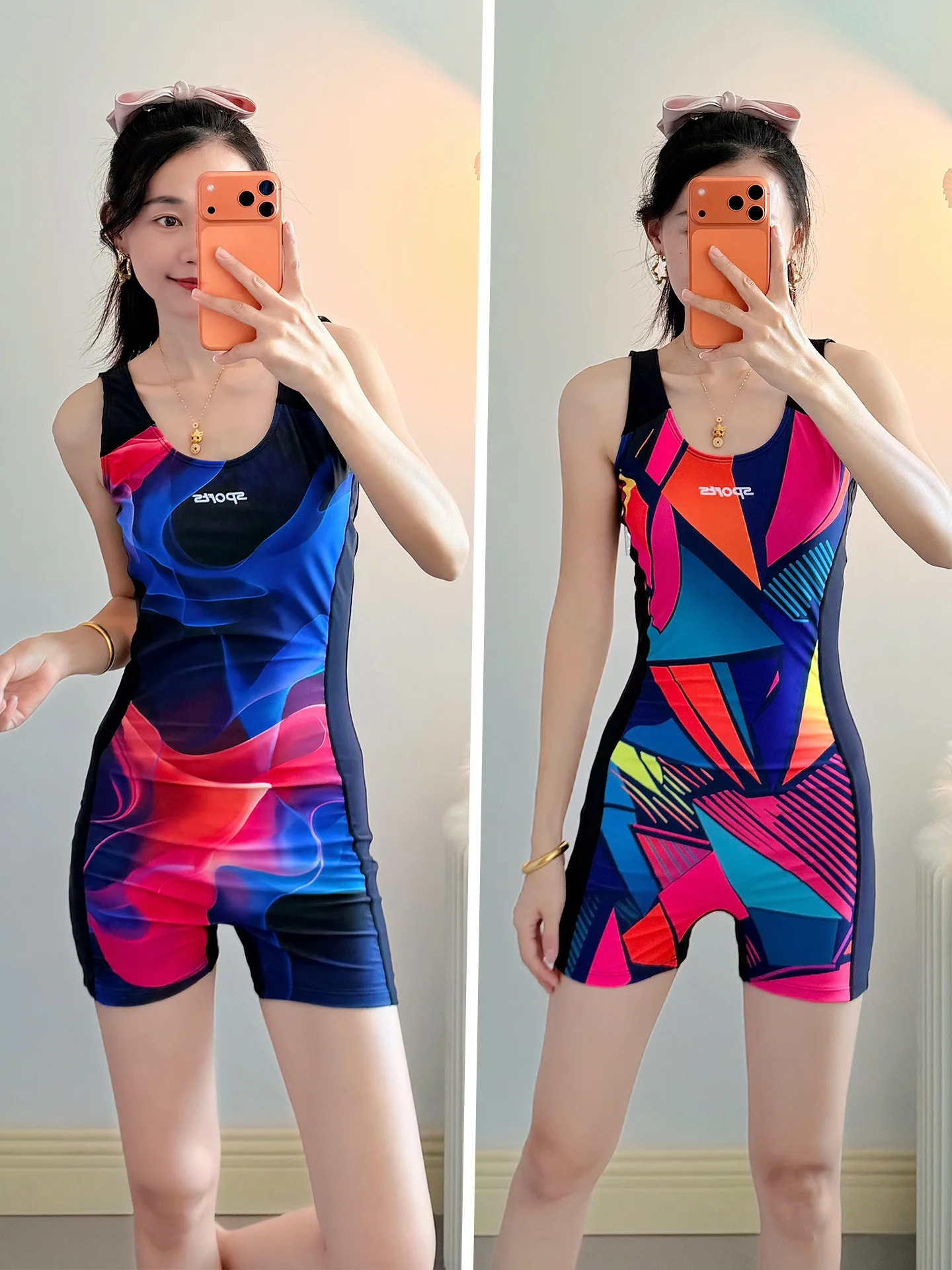 2026-新しい女性用ワンピース水着温泉水着サーフィンスーツ水泳ジムトレーニングレーシング水着ラウンドネック高弾性