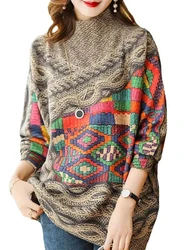 Amax luluE 2025 Spring Fashion Turtleneck Sweaters Womens Loose Casual Printed Knitted Pullover Vintage Luxury Jumpers Knitwear