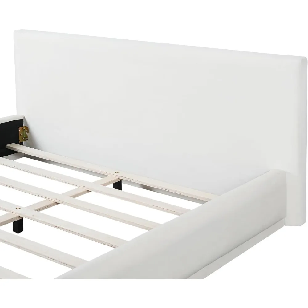 Merax Nowoczesna Łóżko z Tapicerowanym Ramą w Stylu Queen z Zagłówkiem, Miękkie Łóżko na Niskiej Platformie z Aksamitu, Nie Wymaga Stelaża, Łatwy Montaż, Biały