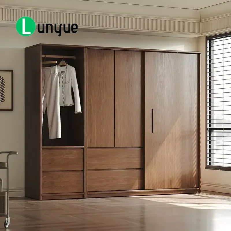 Solid Wood Oak Sliding Door Wardrobe Modern Minimalist Walnut Finish Large Storage Closet for Bedroom Home Furniture Space
