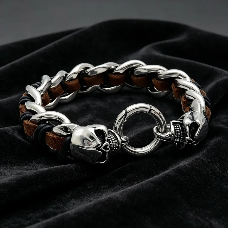 Mighty Men's Stainless Steel Cast Woven Cowhide Bracelet, Stainless Steel Animal Wolf Head Retro Bracelet