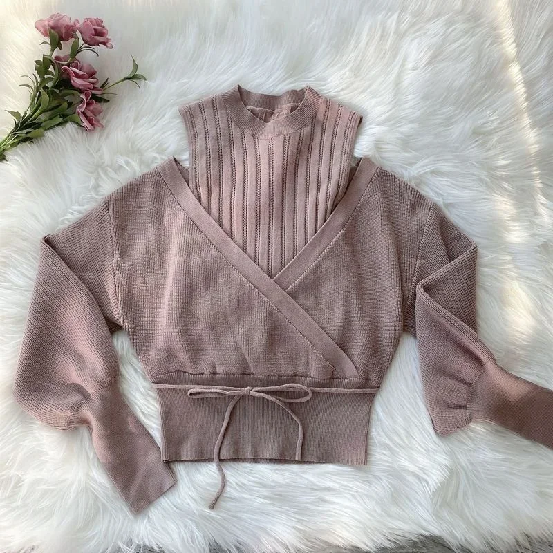 Kuzuwata Solid Color Sexy Shoulder Strapless Women Sweaters Sweet Loose Drawstring Knitted Coat Spring Autumn New Pullovers