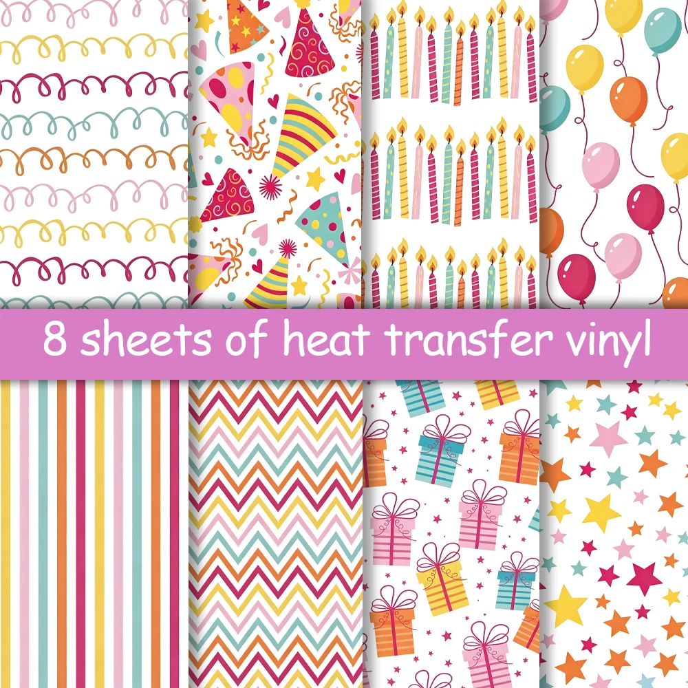 8 trendy birthday heat transfer films, easy cut & peel for cotton, linen & polyester tees and party outfits