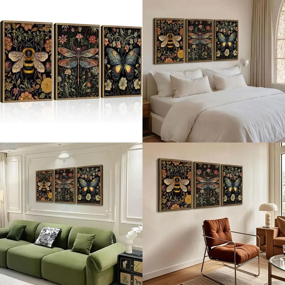 

Retro Inspired Insect Wall Art - 3 Piece Wood Framed Canvas Prints for Home Decor, Ideal for Living Rooms and Bedrooms