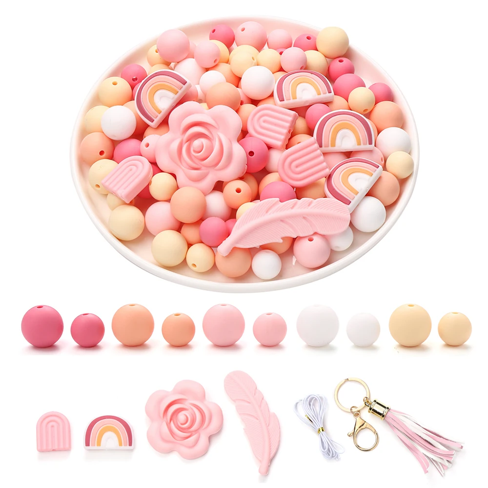 104Pcs Round Silicone Beads Baby Rainbow Rose Feathers Teether Set for Diy Pacifier Clips Chain Jewelry Making Necklace Teether