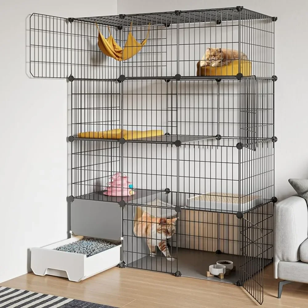 Large Playpen Detachable Metal Wire Kennel Indoor Crate Large Exercise Place Ideal for 1-2 Cat 4-Tier DIY Cat Enclosures