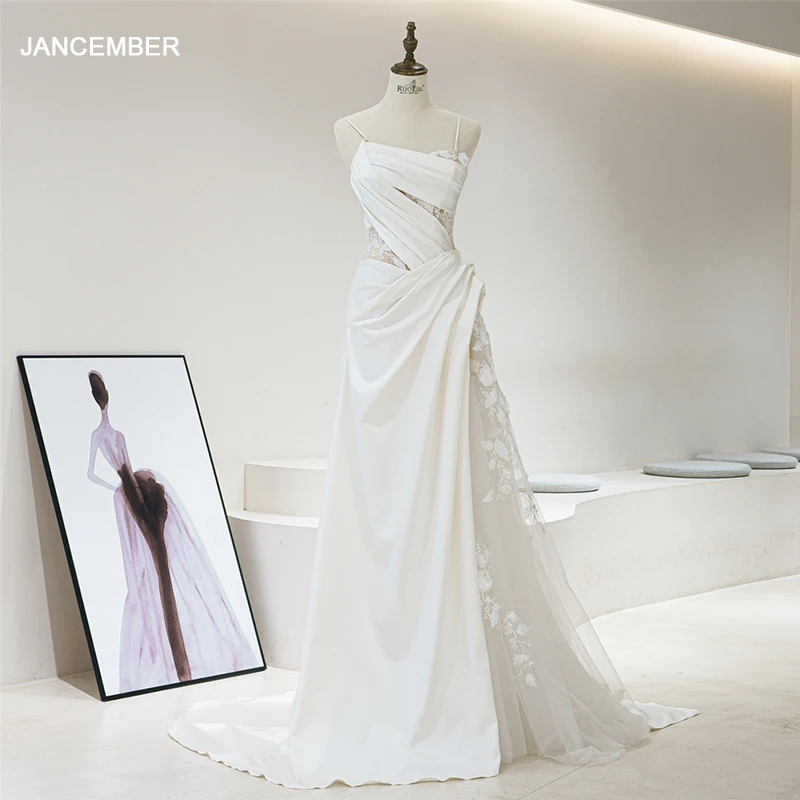 

Jancember Satin A-line Wedding Dress With Train Pearls Side Bridal Gowns Custom Made Women Clothing vestidos de novia QD06336