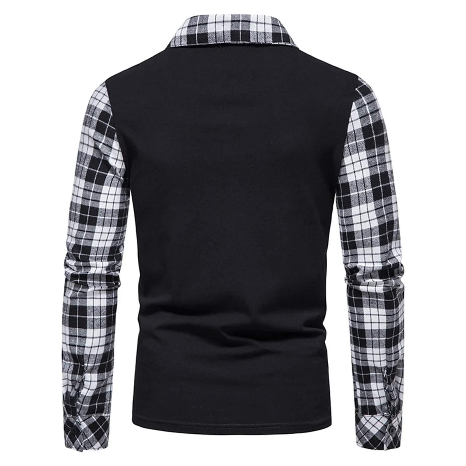 Men\'s Polo Shirt Zipper Long Sleeve Business Pullover Tops Formal Work Plaid Splice Tee Casual T Shirts For Men Clothing