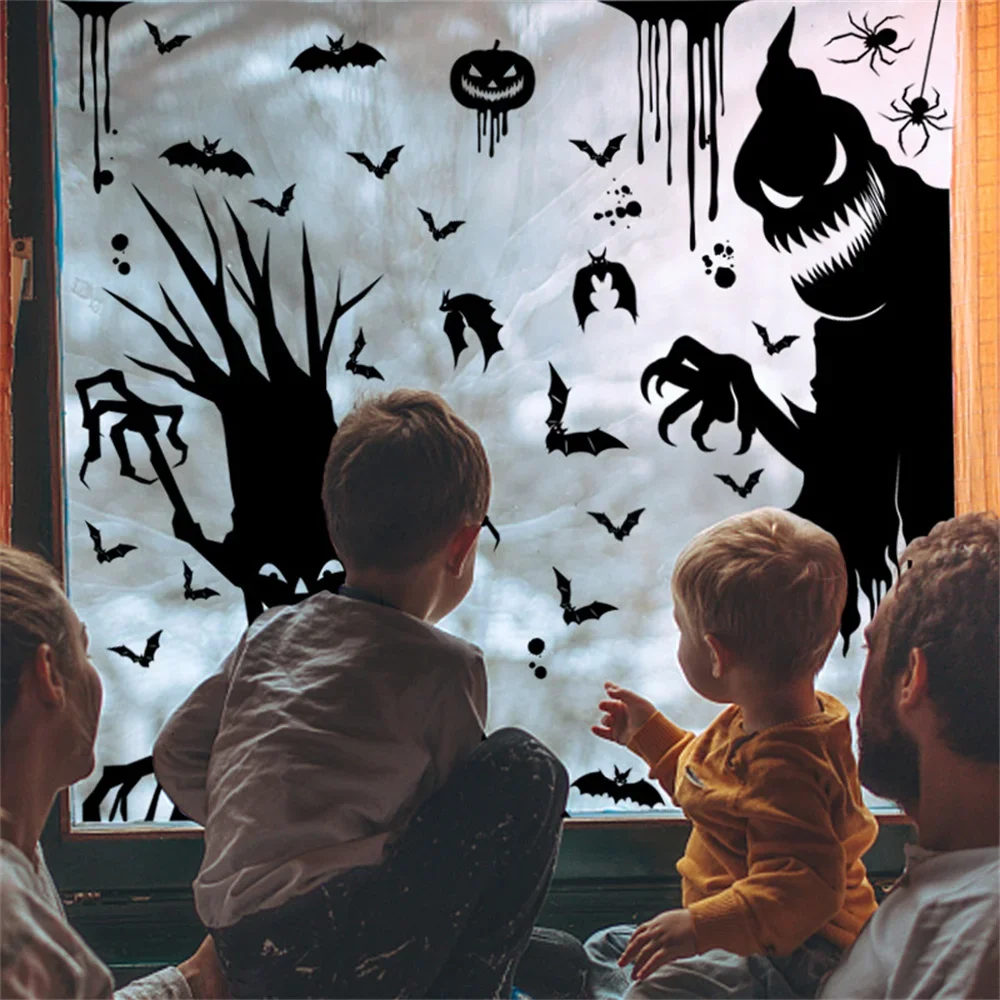 

Halloween Giant Ghost Monster Skeletons Window Stickers Witch Bat Skull Electrostatic Stickers Halloween Party Decorations Set